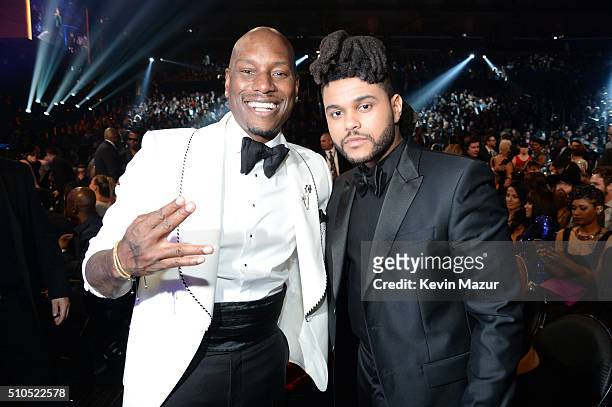 Recording artist Tyrese Gibson and The Weekend attend The 58th GRAMMY Awards at Staples Center on February 15, 2016 in Los Angeles, California.