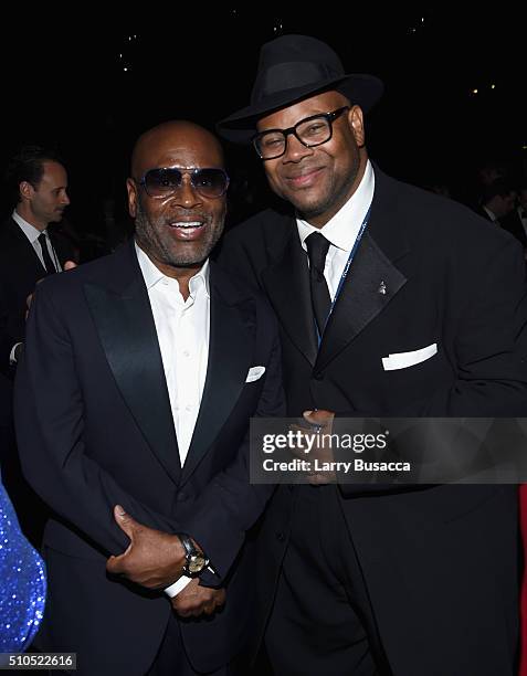 Record executive L.A. Reid and producer Jimmy Jam attend The 58th GRAMMY Awards at Staples Center on February 15, 2016 in Los Angeles, California.