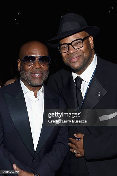 Record executive L.A. Reid and producer Jimmy Jam attend The 58th GRAMMY Awards at Staples Center on February 15, 2016 in Los Angeles, California.
