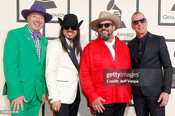 Musicians Jerry Dale McFadden, Eddie Perez, Raul Malo and Paul Deakin of The Mavericks attend The 58th GRAMMY Awards at Staples Center on February...