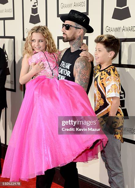 Musician Travis Barker with Alabama Barker and Landon Barker attend The 58th GRAMMY Awards at Staples Center on February 15, 2016 in Los Angeles,...