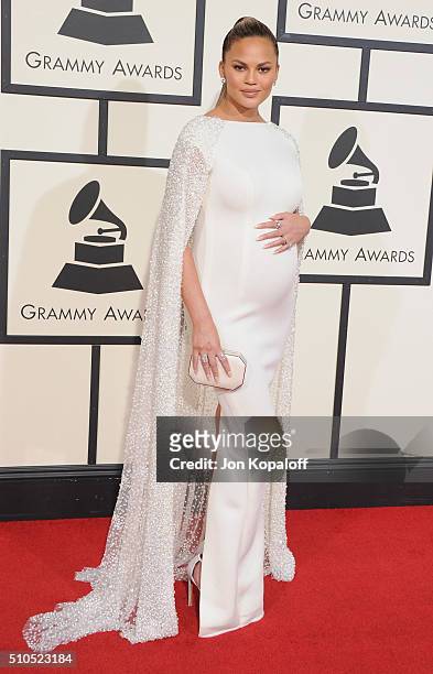 Model Chrissy Teigen arrives at The 58th GRAMMY Awards at Staples Center on February 15, 2016 in Los Angeles, California.