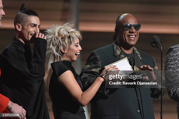 Recording artist Stevie Wonder and the Pentatonix present award for Song of the Year onstage during The 58th GRAMMY Awards at Staples Center on...