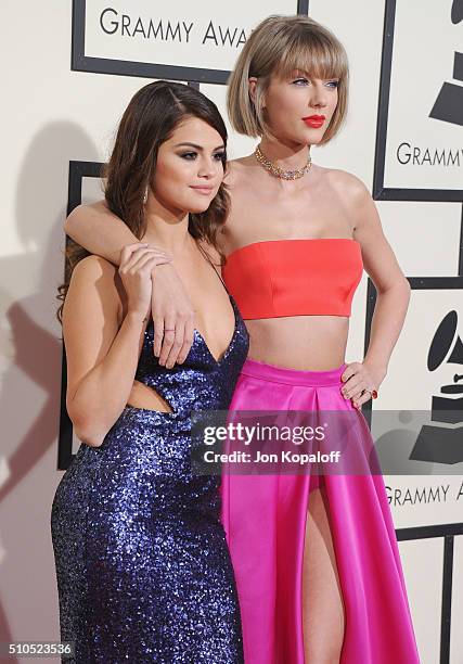 Selena Gomez and Taylor Swift arrive at The 58th GRAMMY Awards at Staples Center on February 15, 2016 in Los Angeles, California.