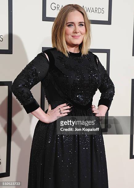 Singer Adele arrives at The 58th GRAMMY Awards at Staples Center on February 15, 2016 in Los Angeles, California.