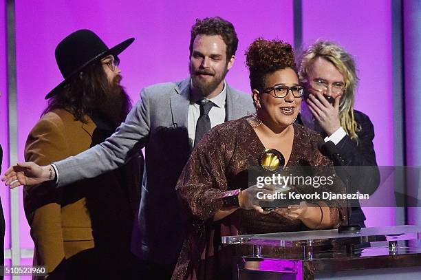 Musicians Zac Cockrell, Steve Johnson and Brittany Howard of the Alabama Shakes and music producer and engineer Shawn Everett accept the Grammy Award...