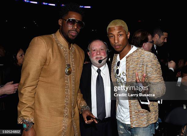 Music producer/musician Flying Lotus, broadcast producer Ken Ehrlich and recording artist Pharrell Williams attend The 58th GRAMMY Awards at Staples...