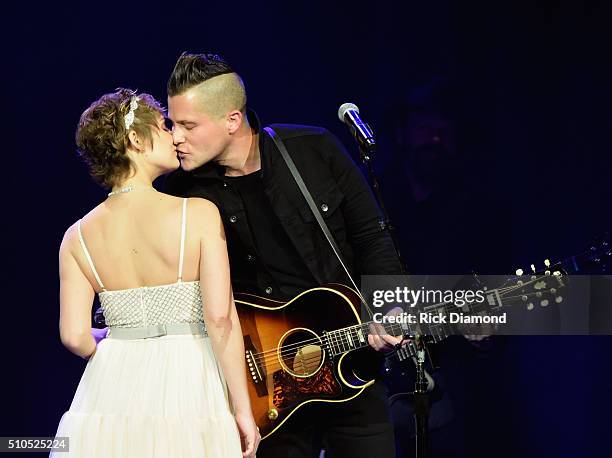 Clare Bowen and Singer/Songwriter Brandon Young perform during "Nashville for Africa" a benefit for the African Children's Choir at the Ryman...