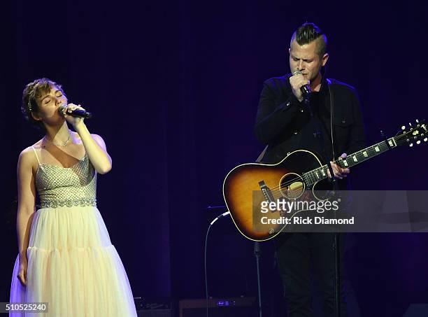 Clare Bowen and Singer/Songwriter Brandon Young perform during "Nashville for Africa" a benefit for the African Children's Choir at the Ryman...