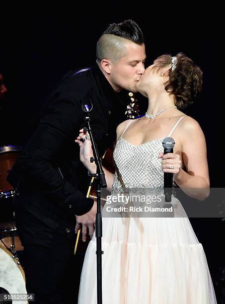 Clare Bowen and Singer/Songwriter Brandon Young perform during "Nashville for Africa" a benefit for the African Children's Choir at the Ryman...