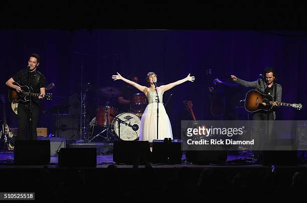 Sam Palladio, Clare Bowen and Jonathan Jackson perform during "Nashville for Africa" a benefit for the African Children's Choir at the Ryman...
