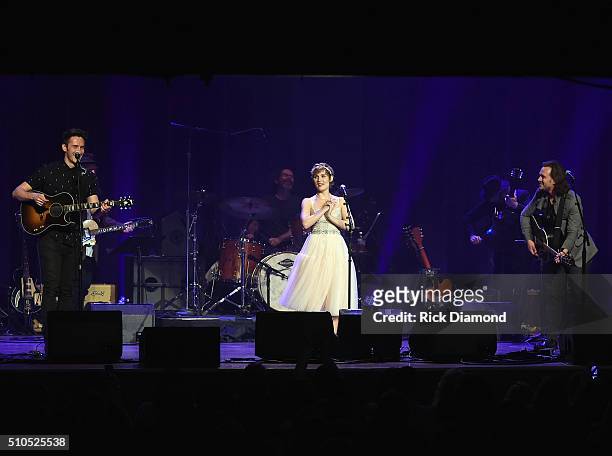 Sam Palladio, Clare Bowen and Jonathan Jackson perform during "Nashville for Africa" a benefit for the African Children's Choir at the Ryman...