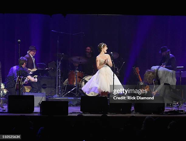 Sam Palladio, Clare Bowen and Jonathan Jackson perform during "Nashville for Africa" a benefit for the African Children's Choir at the Ryman...