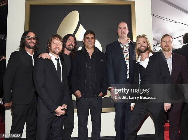 Musicians Franz Stahl, Chris Shiflett, Dave Grohl, Pat Smear, Krist Novoselic, Taylor Hawkins and Nate Mendel attend The 58th GRAMMY Awards at...