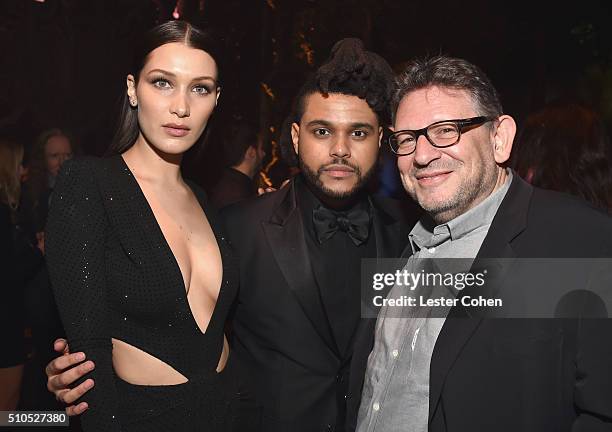 Model Bella Hadid, singer The Weeknd and CBE Chairman and CEO Lucian Grainge attend Universal Music Group 2016 Grammy After Party presented by...