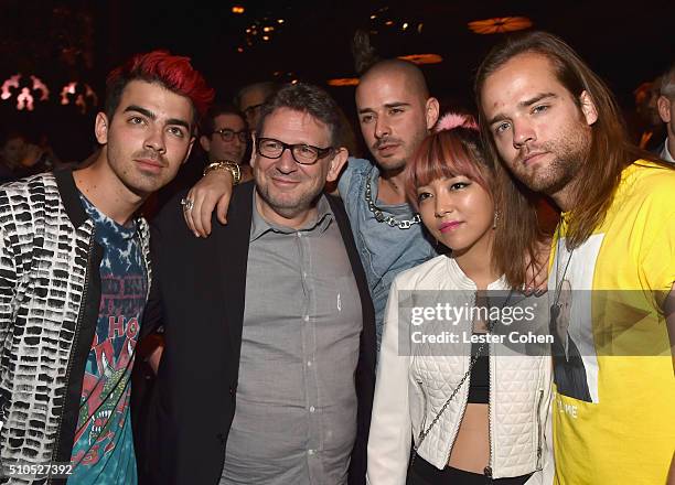 Singers Joe Jonas , CBE Chairman & CEO Lucian Grainge and DNCE attend Universal Music Group 2016 Grammy After Party presented by American Airlines...