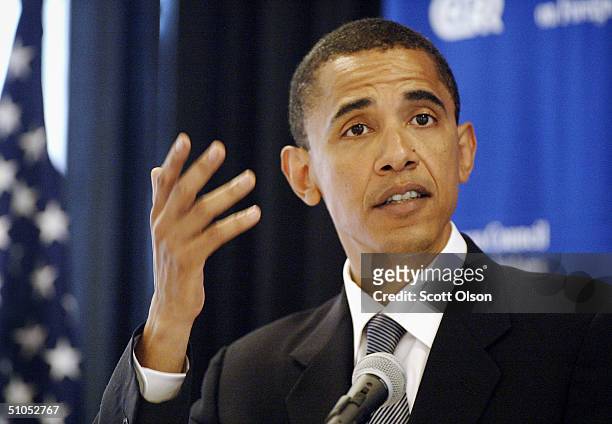 Democratic candidate for U.S. Senate, Barack Obama, gestures as he speaks to members of the Chicago Council on Foreign Relations July 12, 2004 in...