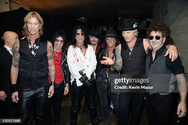 Musicians Duff McKagan, Tommy Henriksen, Alice Cooper, Johnny Depp, Joe Perry, Matt Sorum and Bruce Witkin attend The 58th GRAMMY Awards at Staples...