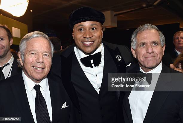New England Patriots owner Robert Kraft, recording artist LL Cool J and President of CBS Leslie Moonves attend The 58th GRAMMY Awards at Staples...