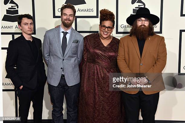 Musicians Heath Fogg, Steve Johnson, Brittany Howard and Zac Cockrell of Alabama Shakes attend The 58th GRAMMY Awards at Staples Center on February...