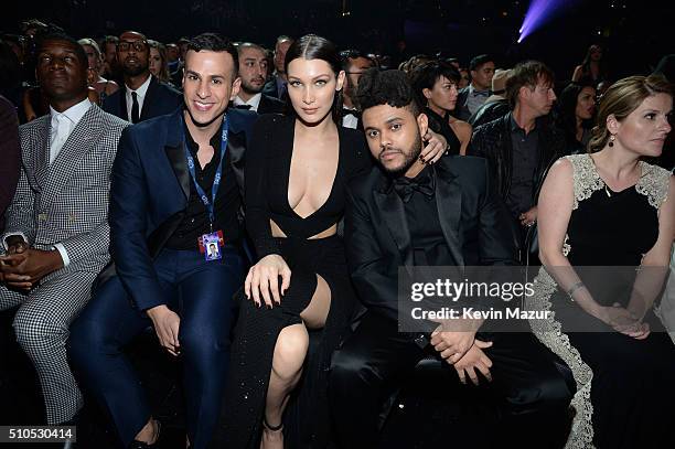 Senior vice president media relations for Republic Records Joseph Carozza, Model Bella Hadid and singer The Weeknd attends The 58th GRAMMY Awards at...