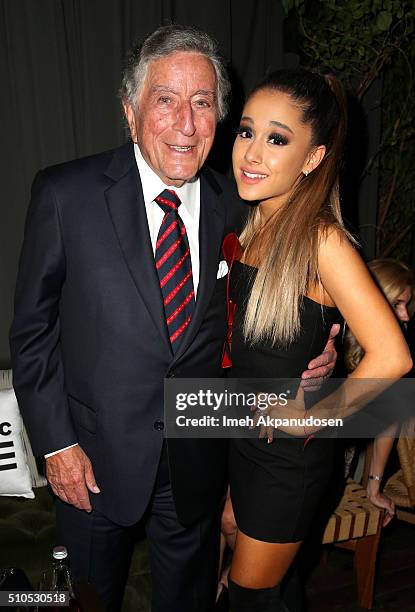 Recording artists Tony Bennett and Ariana Grande attend the Republic Records Grammy Celebration presented by Chromecast Audio at Hyde Sunset Kitchen...