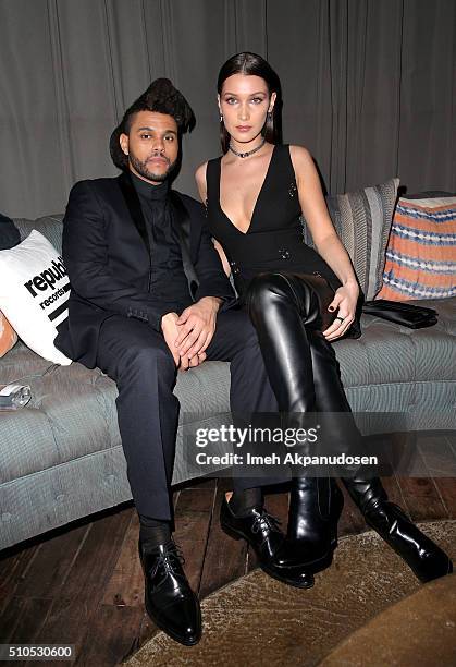 Recording artist The Weeknd and model Bella Hadid attend the Republic Records Grammy Celebration presented by Chromecast Audio at Hyde Sunset Kitchen...