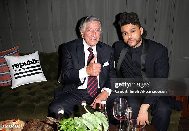 Recording artists Tony Bennett and The Weeknd attend the Republic Records Grammy Celebration presented by Chromecast Audio at Hyde Sunset Kitchen &...