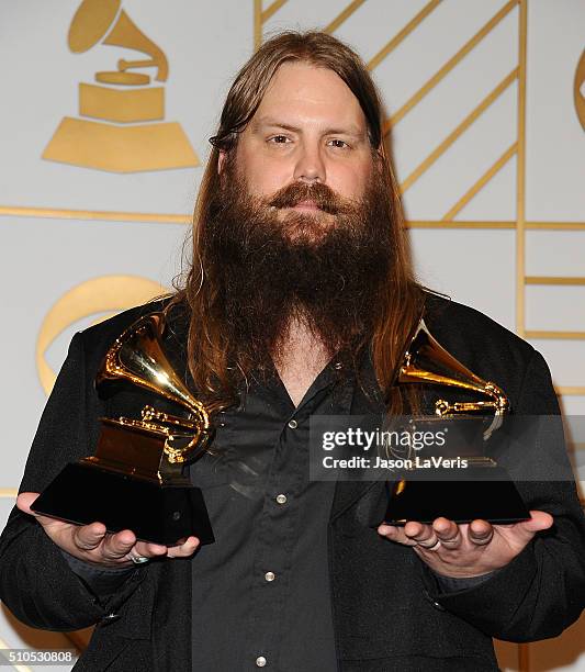 Musician Chris Stapleton poses in the press room at the The 58th GRAMMY Awards at Staples Center on February 15, 2016 in Los Angeles, California.