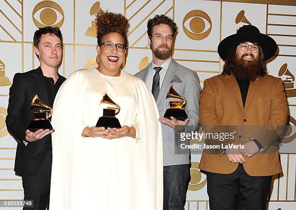 Heath Fogg, Brittany Howard, Steve Johnson and Zac Cockrell of the band Alabama Shakes pose in the press room at the The 58th GRAMMY Awards at...
