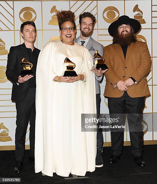 Heath Fogg, Brittany Howard, Steve Johnson and Zac Cockrell of the band Alabama Shakes pose in the press room at the The 58th GRAMMY Awards at...