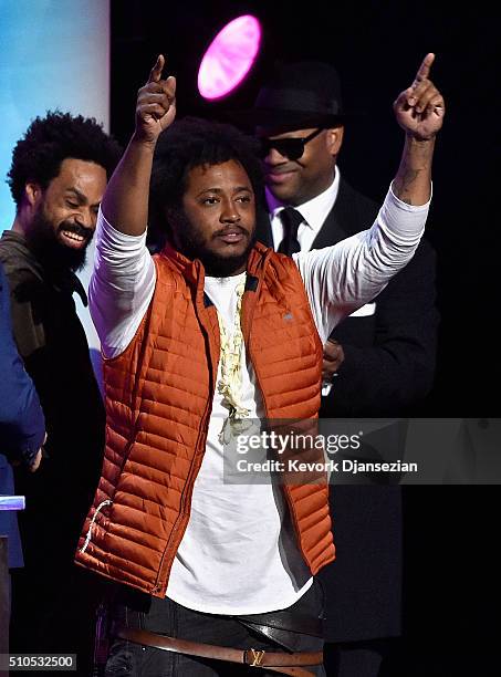 Singer-songwriter Bilal, musican Thundercat and producer Jimmy Jam onstage during the GRAMMY Pre-Telecast at The 58th GRAMMY Awards at Microsoft...