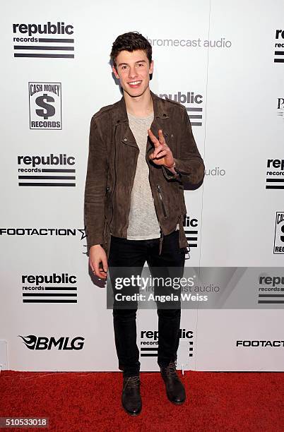 Recording artist Shawn Mendes attends the Republic Records Grammy Celebration presented by Chromecast Audio at Hyde Sunset Kitchen & Cocktail on...