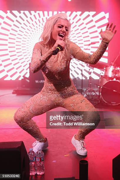 Singer Bebe Rexha performs onstage during Warner Music Group's annual Grammy celebration at Milk Studios Los Angeles on February 15, 2016 in Los...