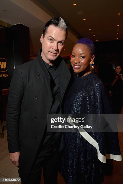 Musicians Michael Fitzpatrick and Noelle Scaggs of Fitz and the Tantrums attend Warner Music Group's annual Grammy celebration at Milk Studios Los...