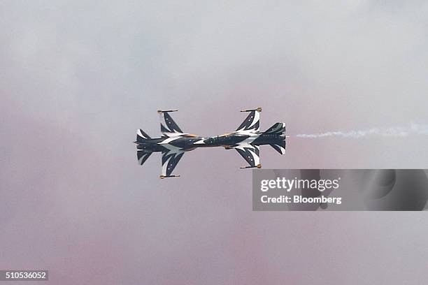 The South Korean Air Force Black Eagles aerobatics team perform maneuvers in South Korean T-50 jets, developed by Korea Aerospace Industries Ltd....