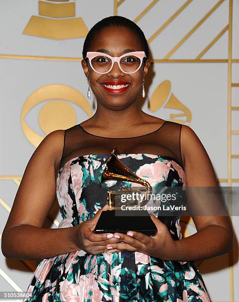 Cecile McLorin Salvant poses in the press room at the The 58th GRAMMY Awards at Staples Center on February 15, 2016 in Los Angeles, California.
