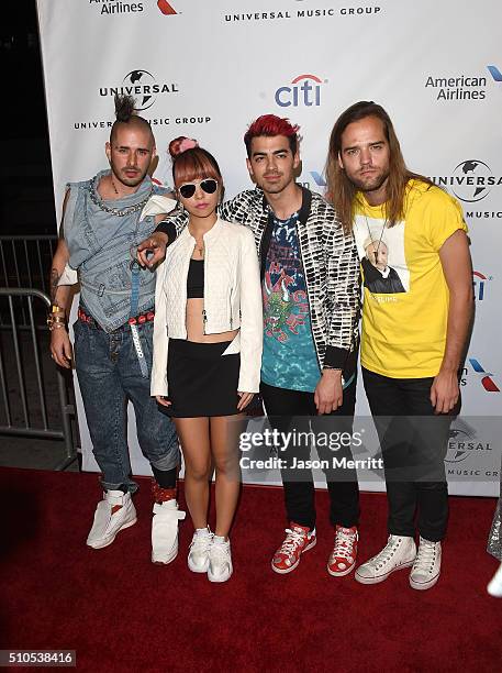 Cole Whittle, from left, JinJoo Lee, Joe Jonas and Jack Lawless of DNCE attend Universal Music Group's 2016 GRAMMY after party at The Theatre At The...