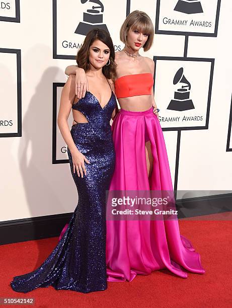 Selena Gomez and Taylor Swift arrives at the The 58th GRAMMY Awards at Staples Center on February 15, 2016 in Los Angeles City.