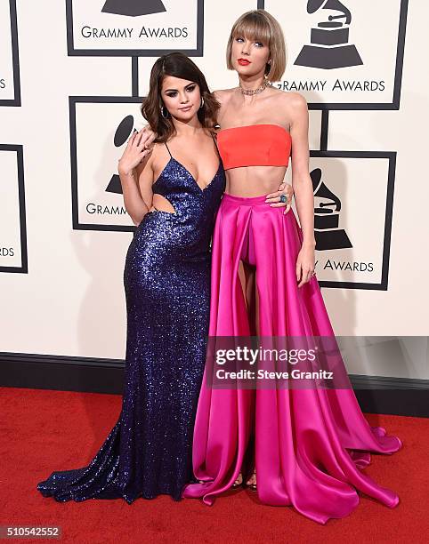 Selena Gomez and Taylor Swift arrives at the The 58th GRAMMY Awards at Staples Center on February 15, 2016 in Los Angeles City.