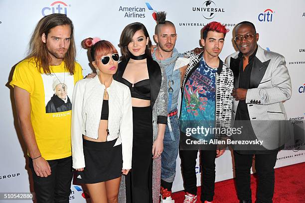 Members of the musical group DNCE Jack Lawless, JinJoo Lee, Joe Jonas and Cole Whittle, singer Hailee Steinfeld and mucisian Randy Jackson attend...