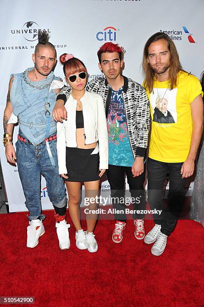 Members of the musical group DNCE Jack Lawless, JinJoo Lee, Joe Jonas and Cole Whittle attends Universal Music Group's 2016 GRAMMY After Party at The...