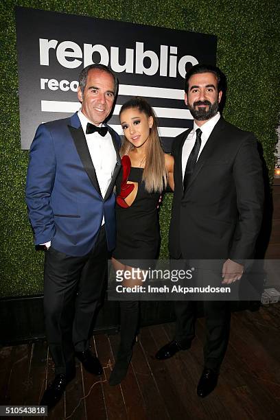 Of Republic Records Monte Lipman, Recording artist Ariana Grande, and Ayman Hariri attend the Republic Records Grammy Celebration presented by...