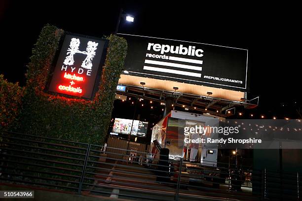 Sponsor signage on display during the Republic Records Grammy Celebration presented by Chromecast Audio at Hyde Sunset Kitchen & Cocktail on February...