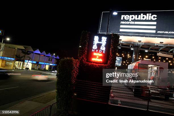 Sponsor signage on display during the Republic Records Grammy Celebration presented by Chromecast Audio at Hyde Sunset Kitchen & Cocktail on February...