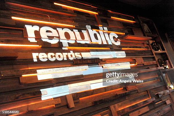 Sponsor signage on display during the Republic Records Grammy Celebration presented by Chromecast Audio at Hyde Sunset Kitchen & Cocktail on February...