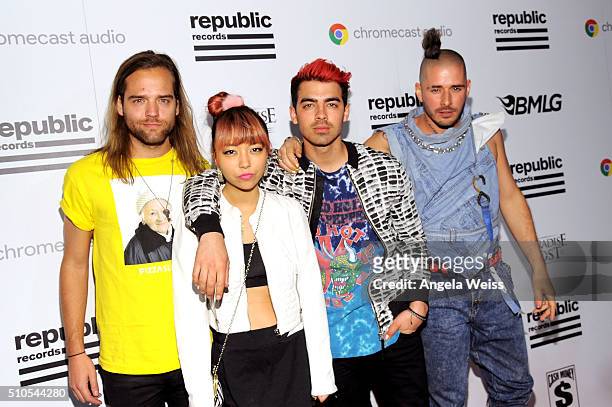 Members of the musical group DNCE Jack Lawless, JinJoo Lee, Joe Jonas and Cole Whittle attend the Republic Records Grammy Celebration presented by...