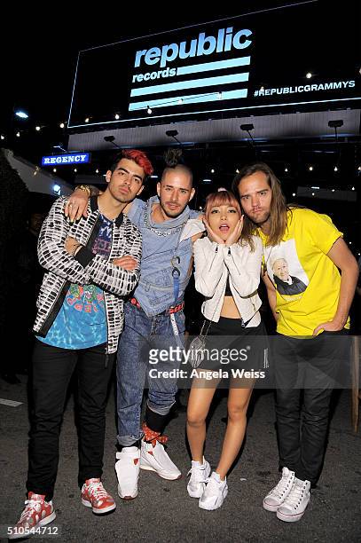 Members of the musical group DNCE Joe Jonas, Cole Whittle, JinJoo Lee and Jack Lawless attend the Republic Records Grammy Celebration presented by...