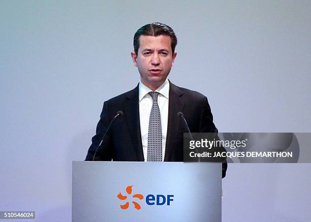 Thomas Piquemal, senior executive vice-president of French state-owned electric utility company EDF Jean-Bernard Levy gives a press conference to...