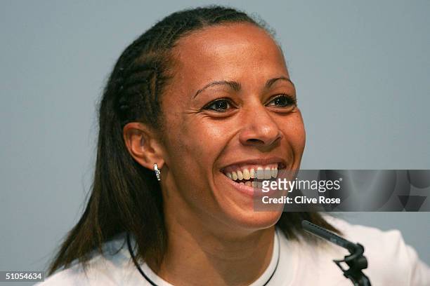 Kelly Holmes talks to the press as the British Olympic Association announce the Athletics squad to represent Team GB at the Athens Olympic Games at...